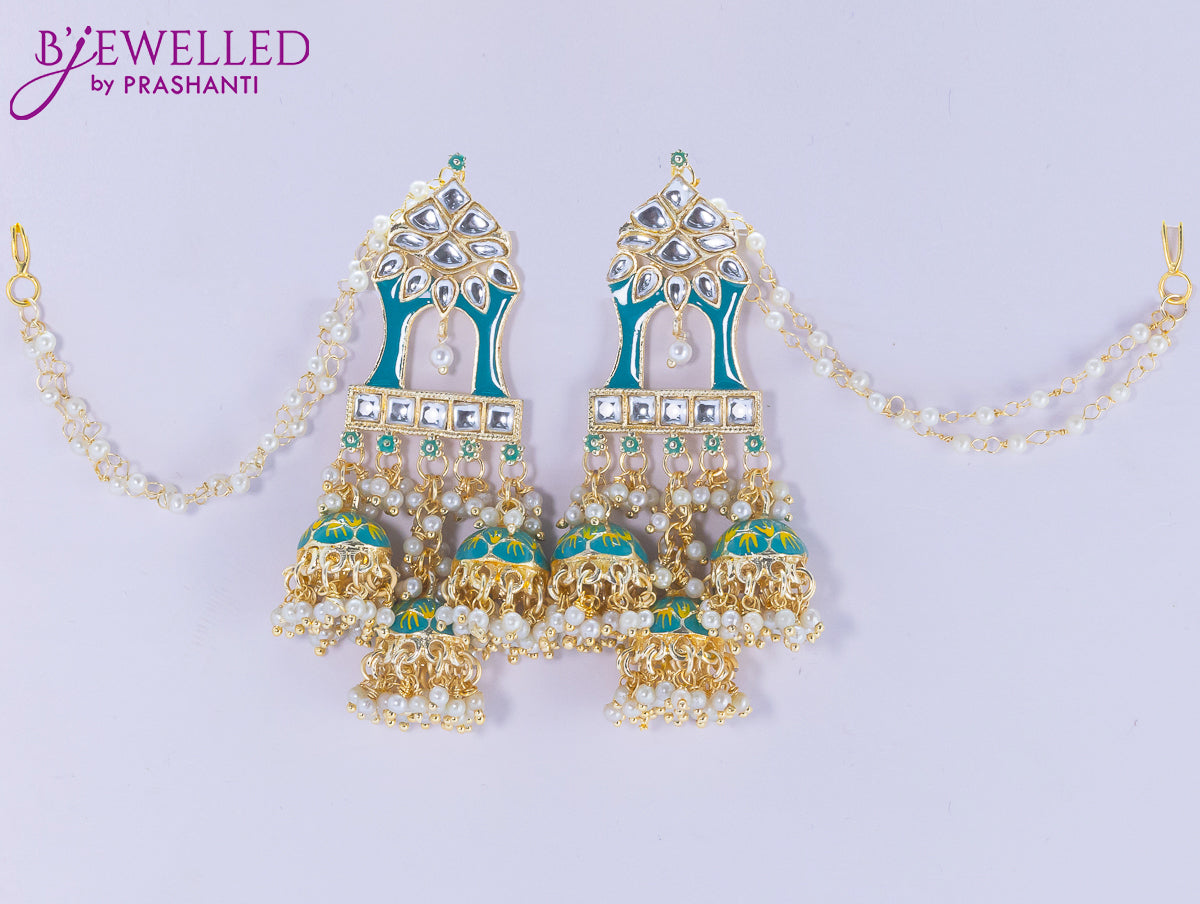 Dangler earrings teal blue with hangings and pearl maatal