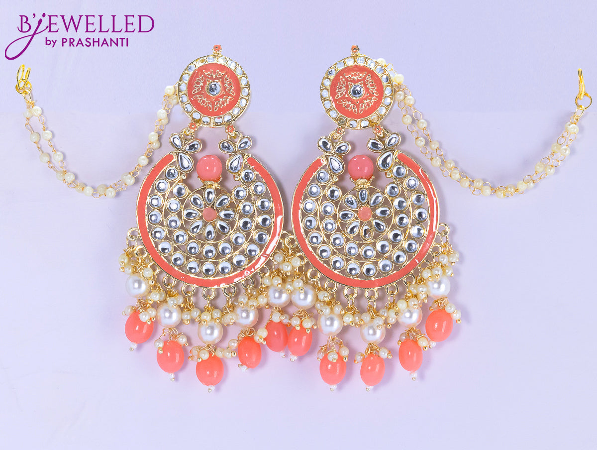 Dangler peach earrings with hangings and pearl maatal