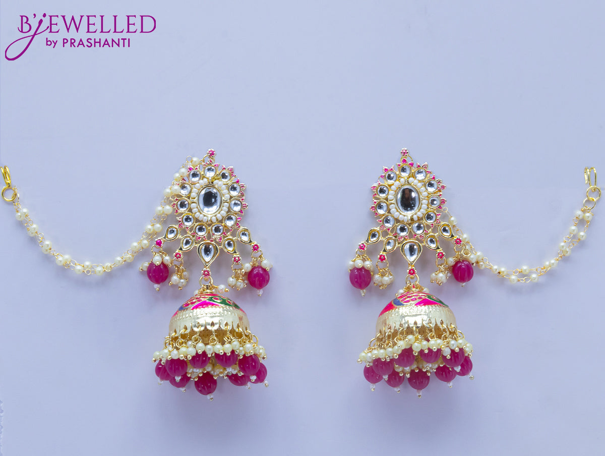 Dangler pink jhumkas with hangings and pearl maatal