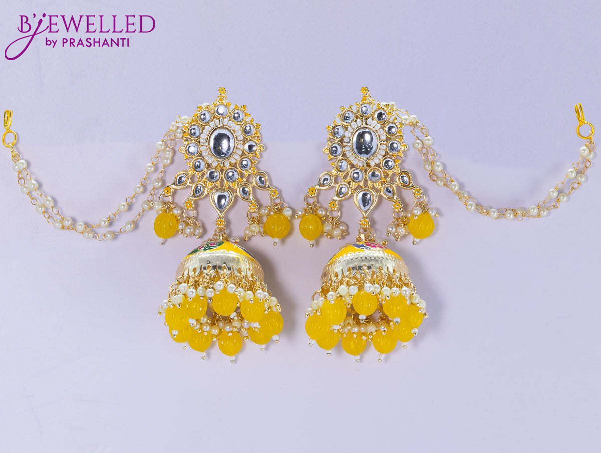 Dangler yellow jhumkas with hangings and pearl maatal