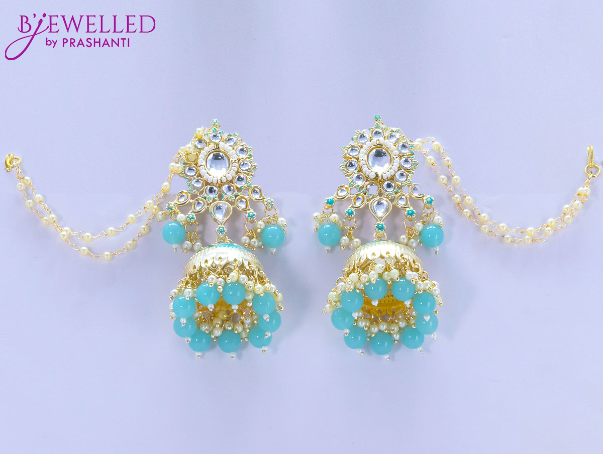 Dangler light blue jhumkas with hangings and pearl maatal