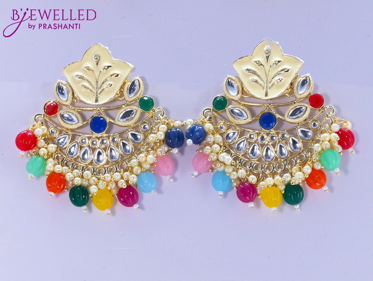 Dangler earrings with multicolour bead hangings and pearl maatal