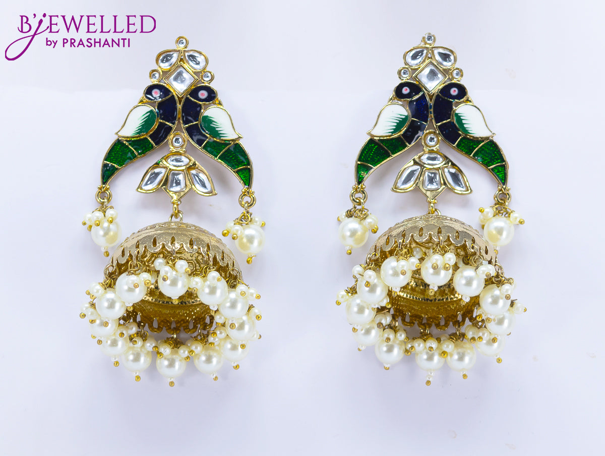 Dangler jhumkas peacock design with green bead hangings