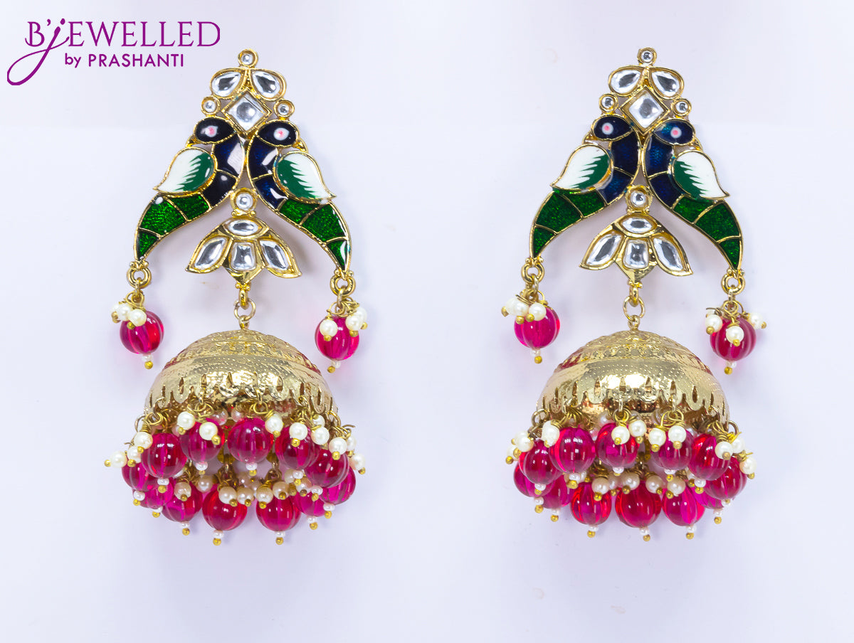 Dangler jhumkas peacock design with pink bead hangings