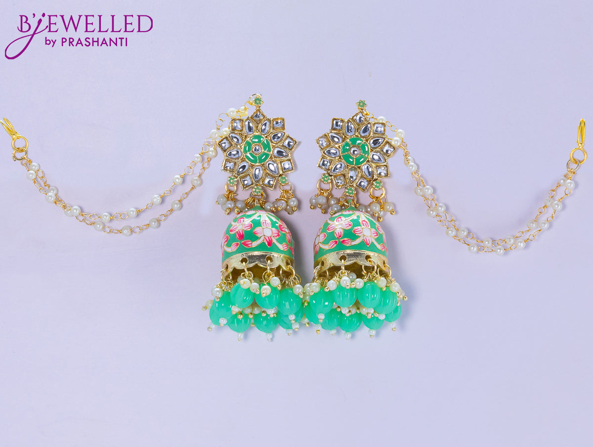 Dangler teal green jhumkas with pearl hangings and pearl maatal