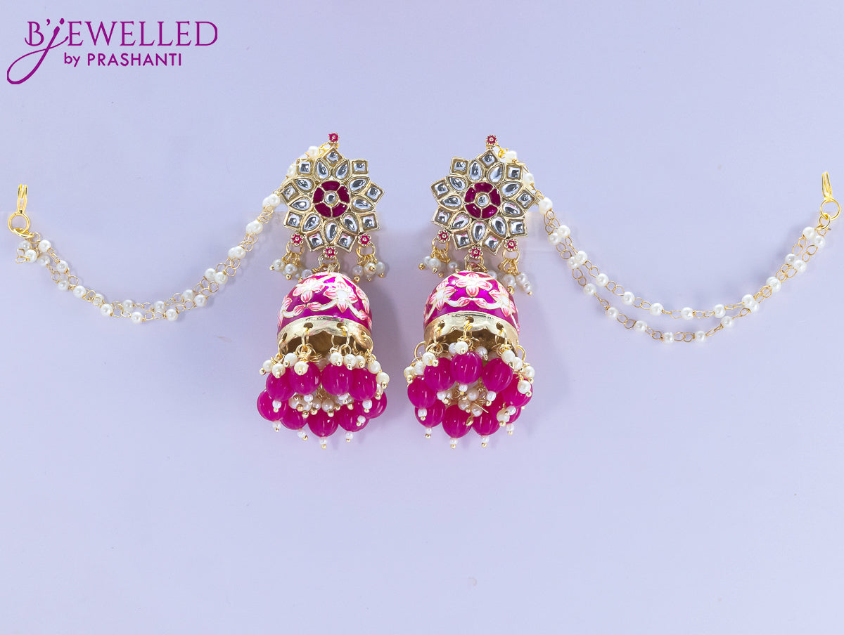 Dangler pink jhumkas with pearl hangings and pearl maatal