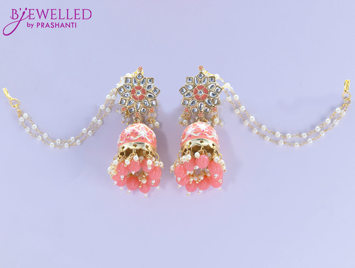 Dangler peach jhumkas with pearl hangings and pearl maatal