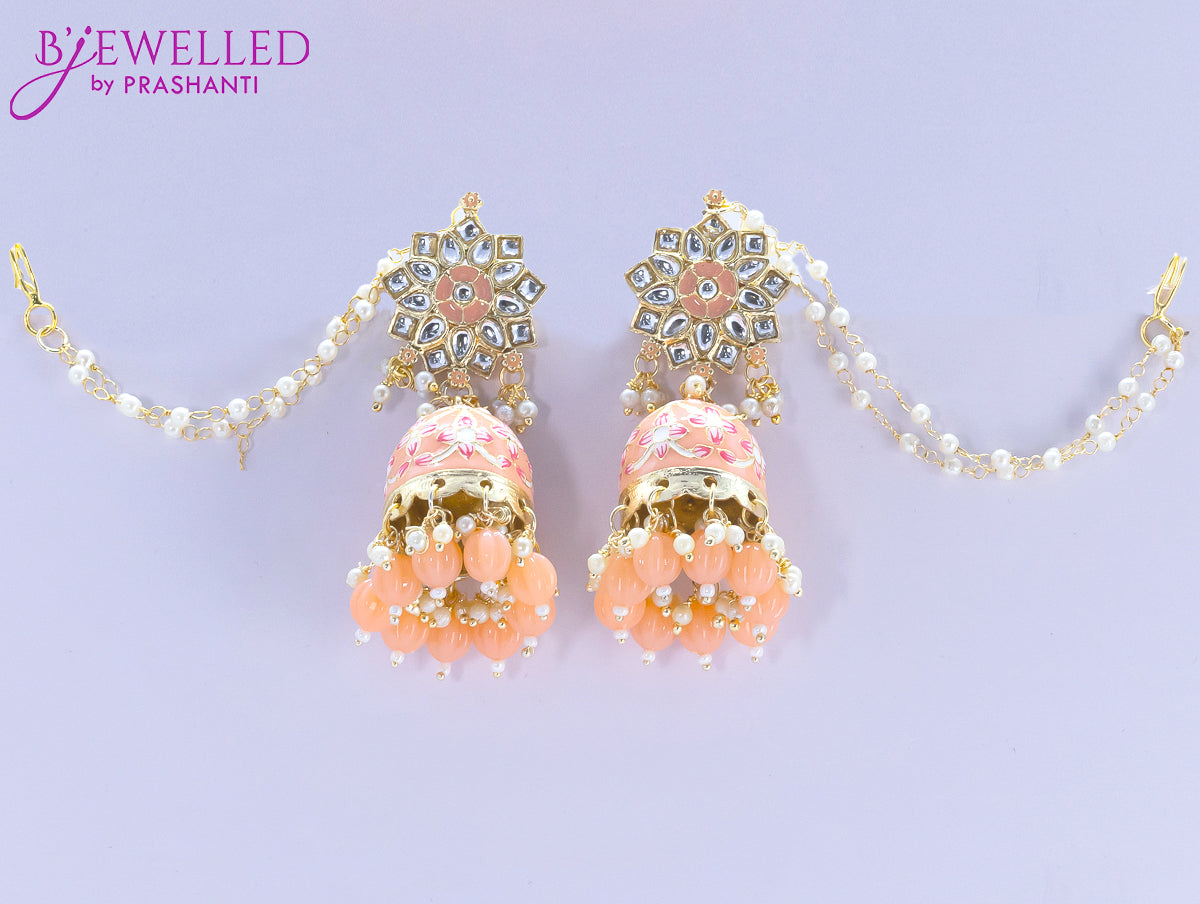 Dangler peach jhumkas with pearl hangings and pearl maatal