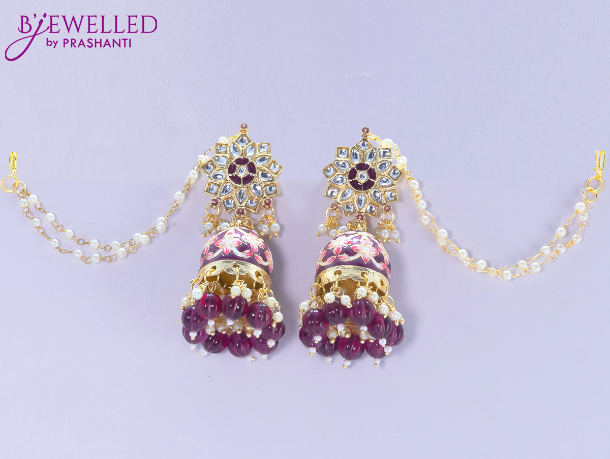 Dangler purple jhumkas with pearl hangings and pearl maatal