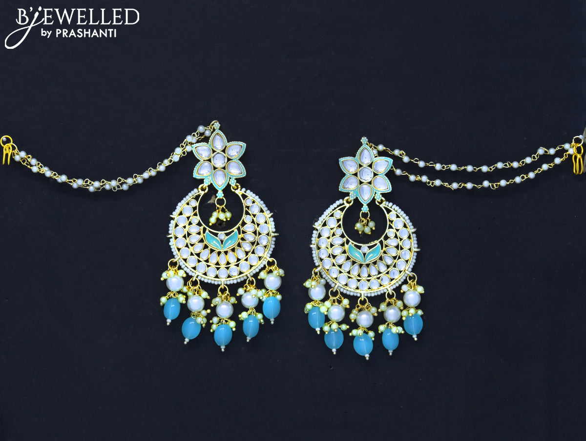 Dangler chandbali light blue earrings with hangings and pearl maatal