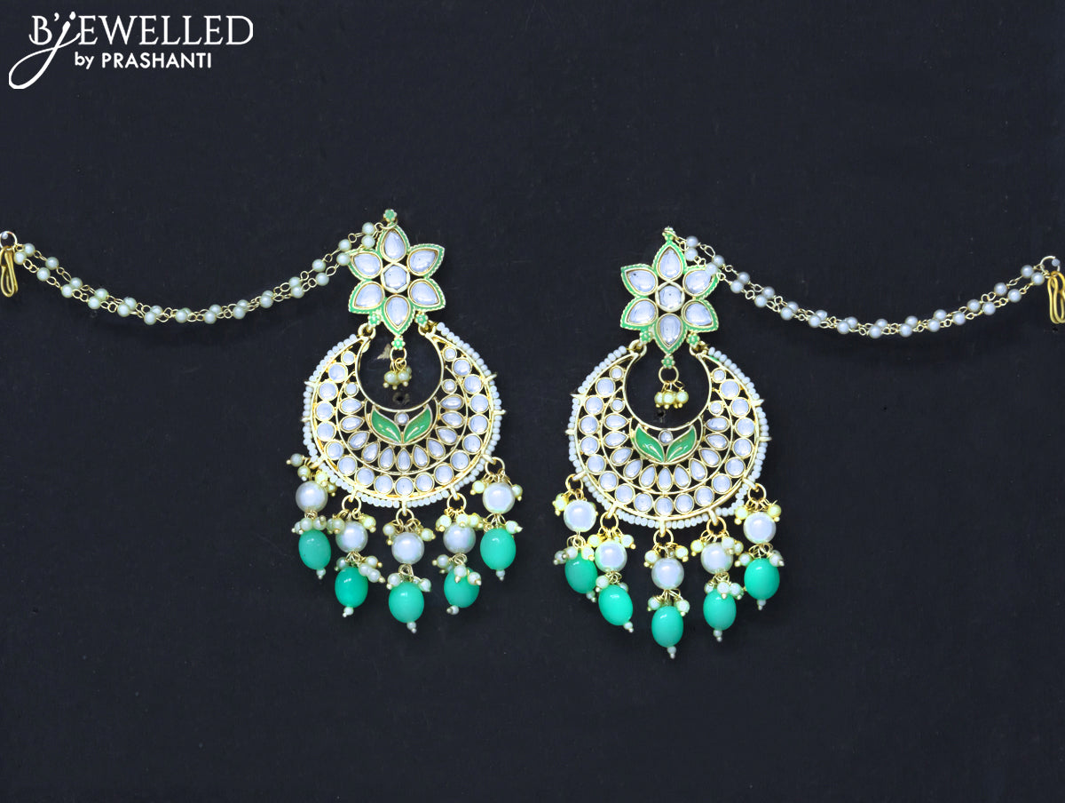 Dangler chandbali light green earrings with hangings and pearl maatal