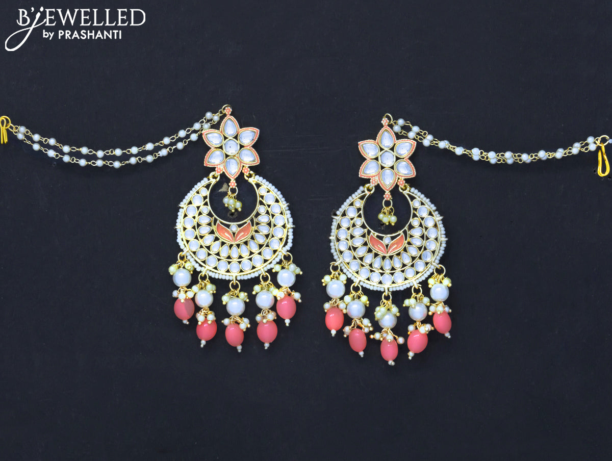 Dangler chandbali peach earrings with hangings and pearl maatal