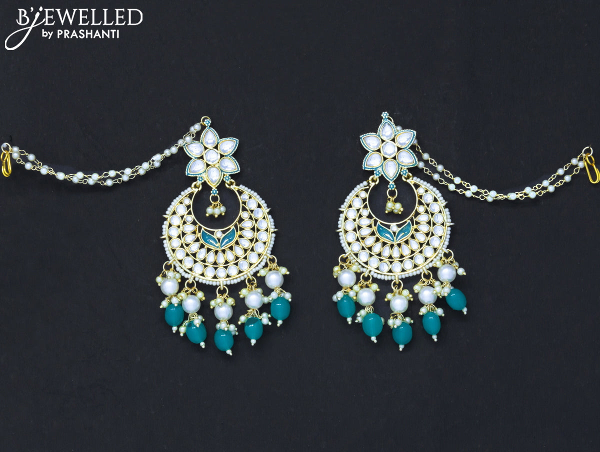 Dangler chandbali blue earrings with hangings and pearl maatal