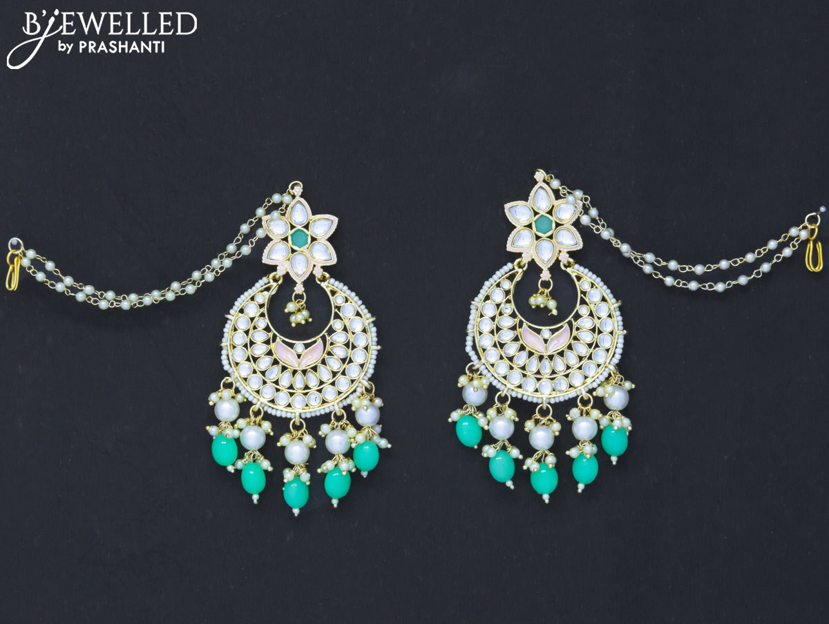 Dangler chandbali light green earrings with hangings and pearl maatal