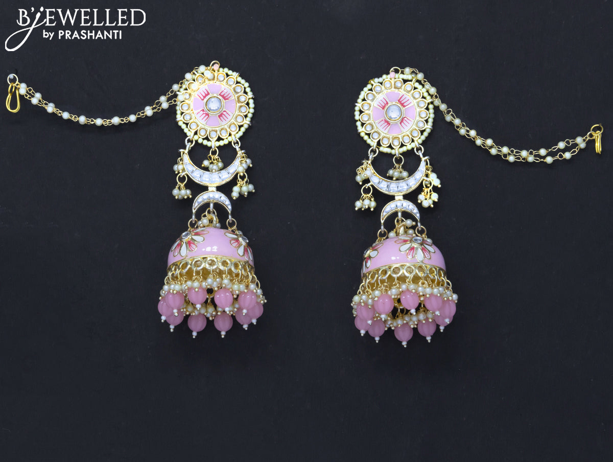 Dangler jhumkas baby pink with hangings and pearl maatal