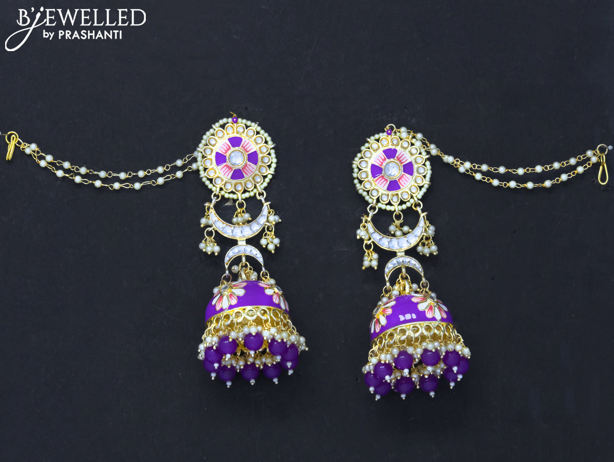 Dangler jhumkas violet with hangings and pearl maatal