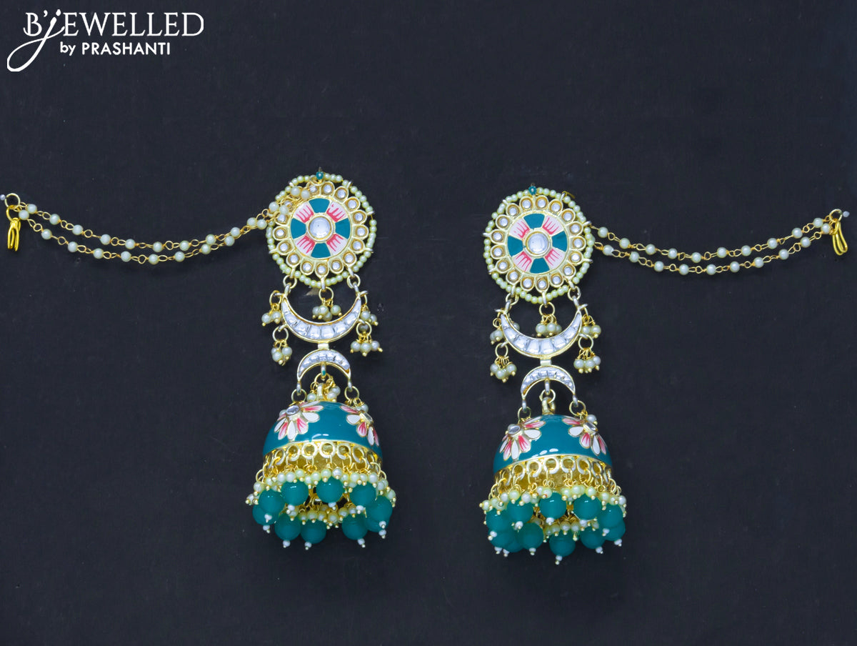 Dangler jhumkas peacock blue with hangings and pearl maatal