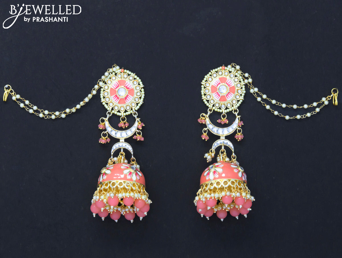 Dangler jhumkas peach with hangings and pearl maatal