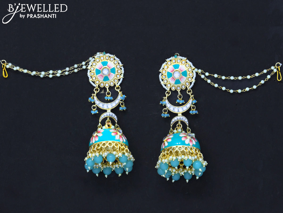 Dangler jhumkas light blue with hangings and pearl maatal