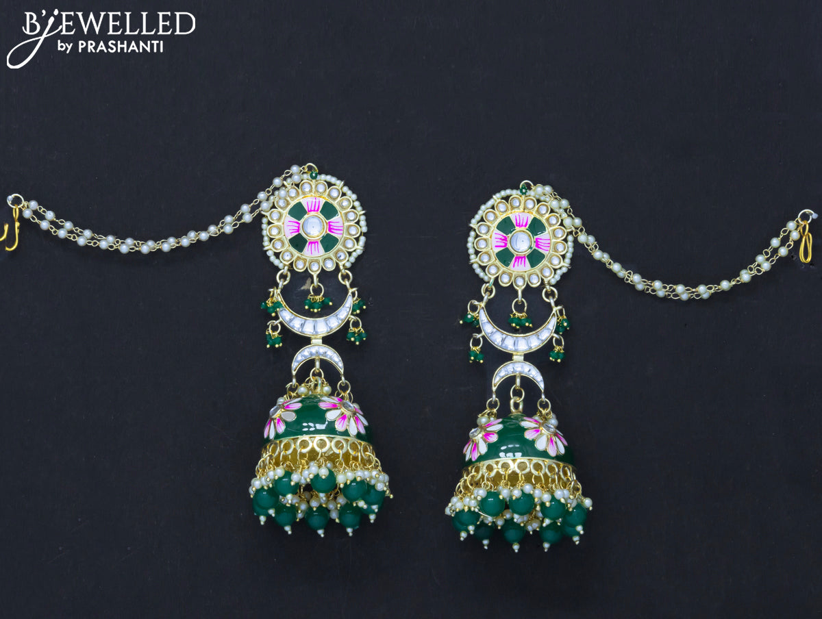 Dangler jhumkas green with hangings and pearl maatal