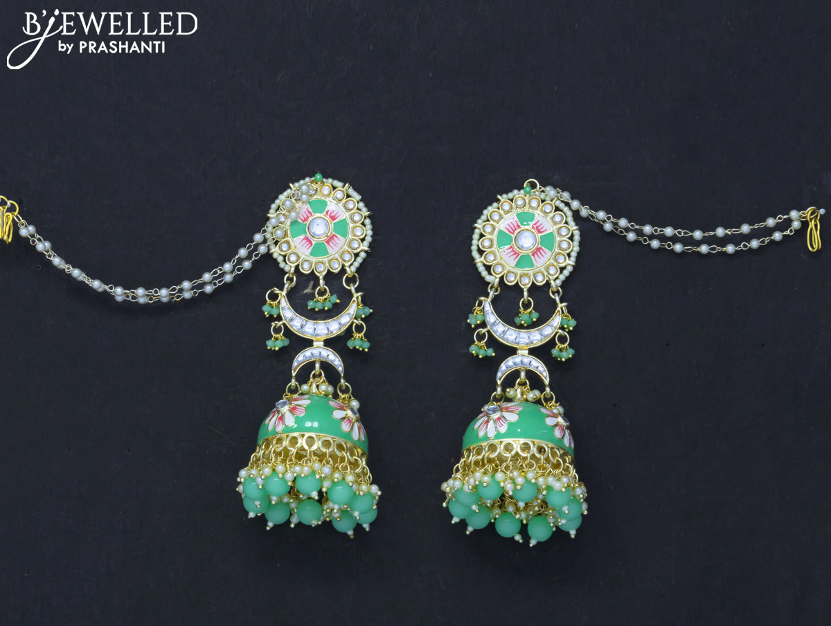 Dangler jhumkas light green with hangings and pearl maatal