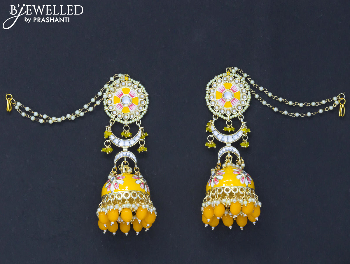 Dangler jhumkas yellow with hangings and pearl maatal