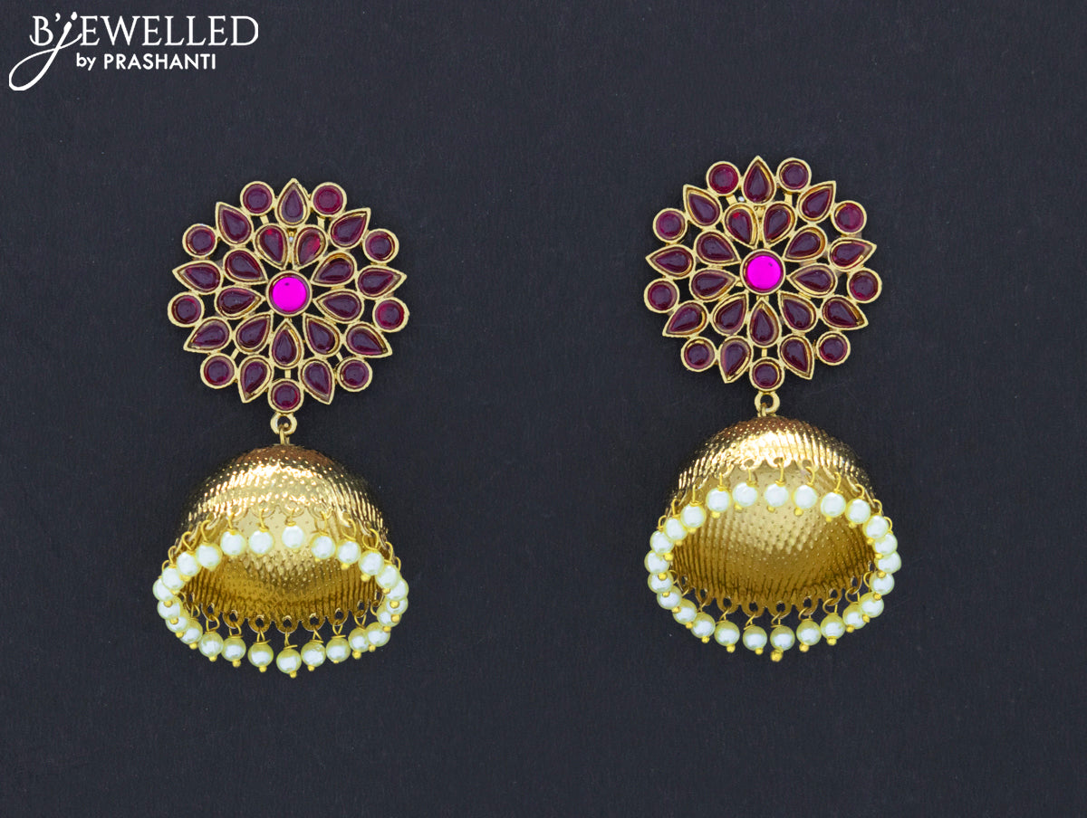 Dangler jhumkas with pink kemp stone and pearl hangings