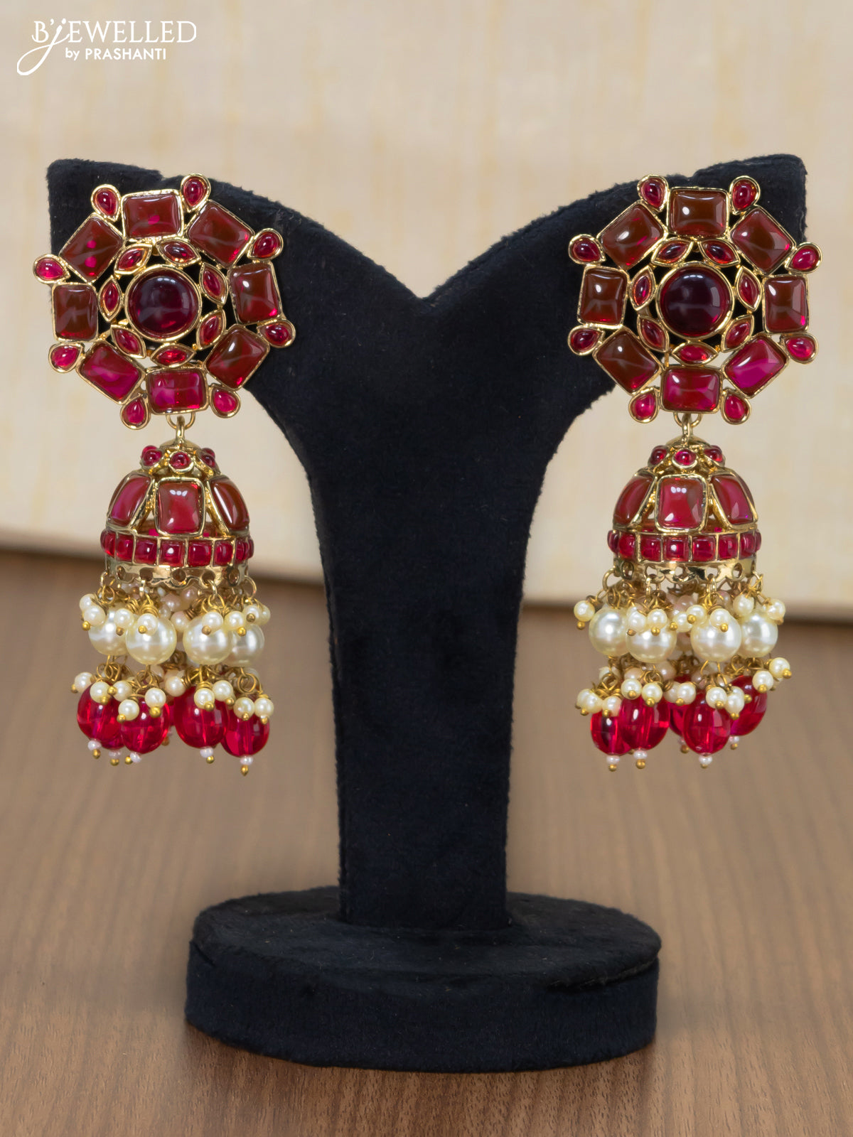 Dangler jhumkas with pink stone and hangings