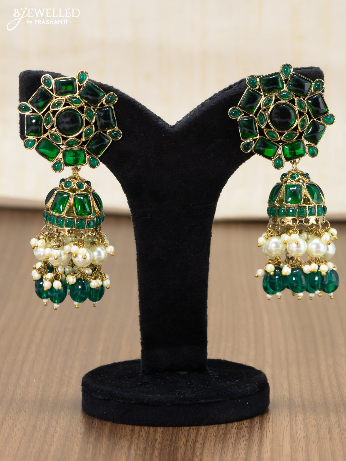 Dangler jhumkas with emerald stone and hangings