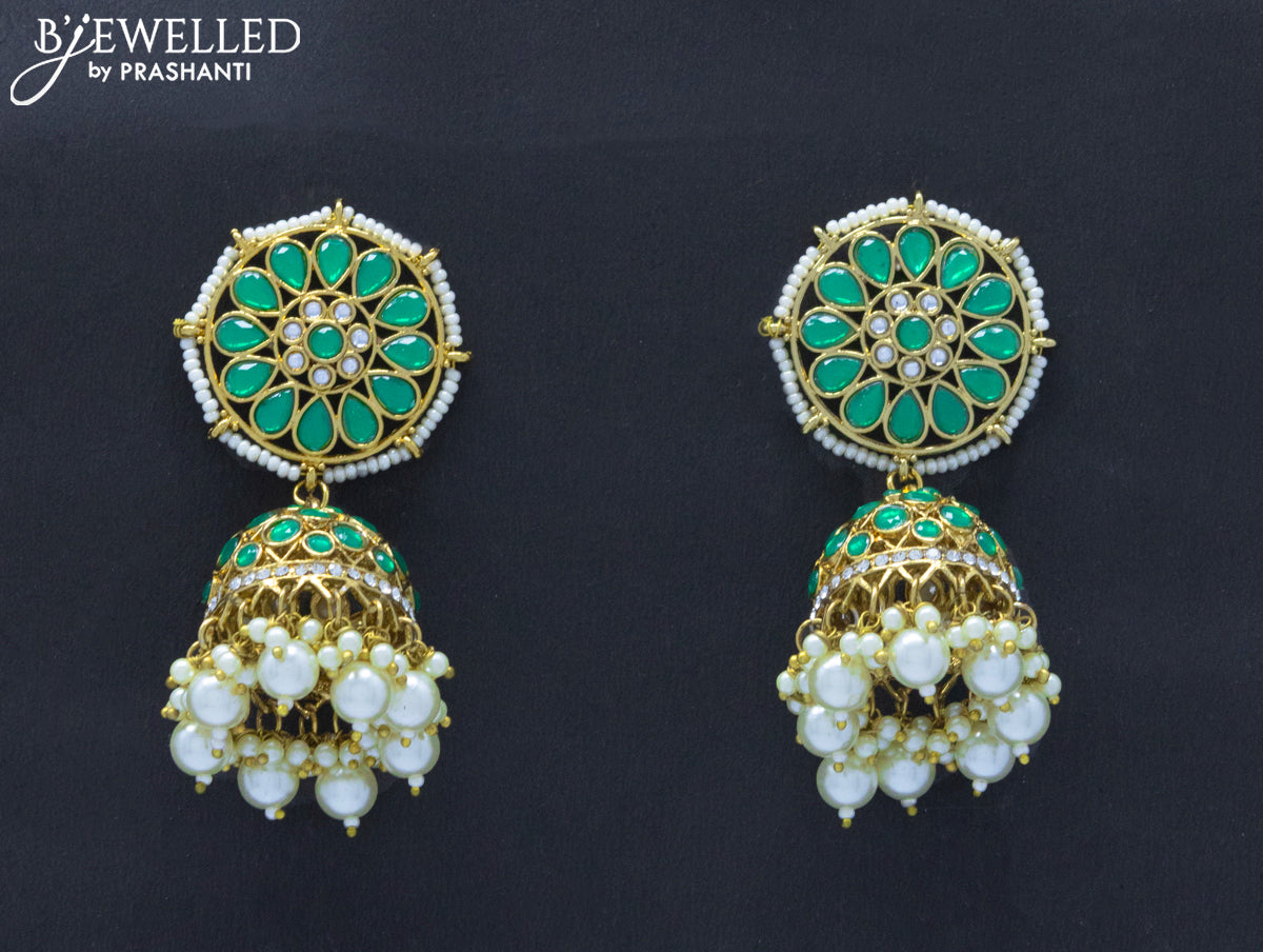 Dangler jhumkas with green stone and pearl hangings