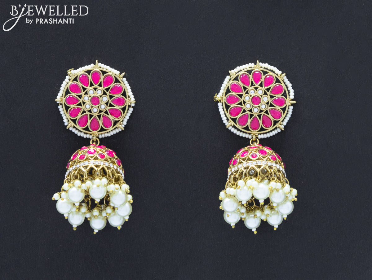 Dangler jhumkas with pink stone and pearl hangings