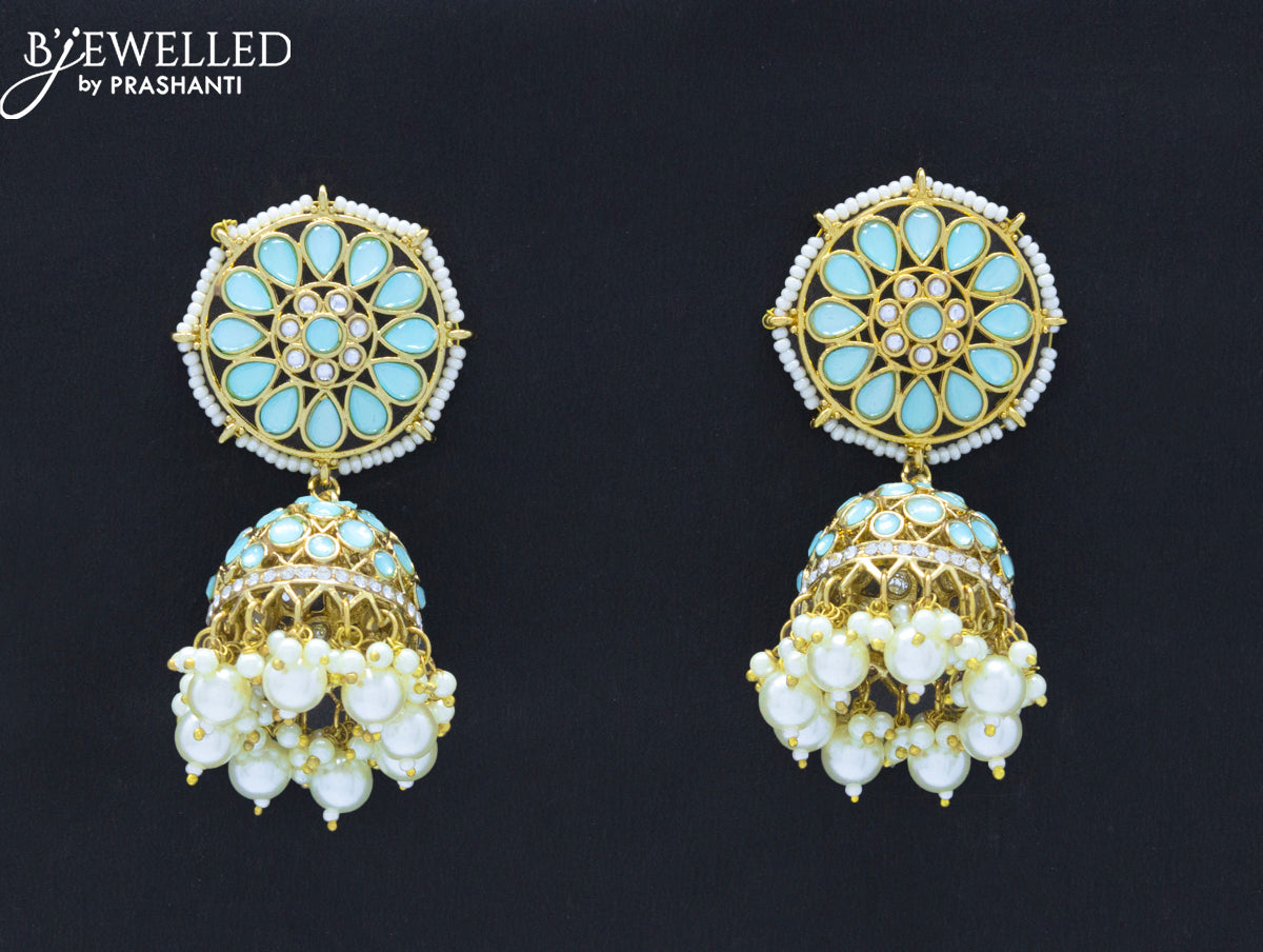 Dangler jhumkas with light blue stone and pearl hangings