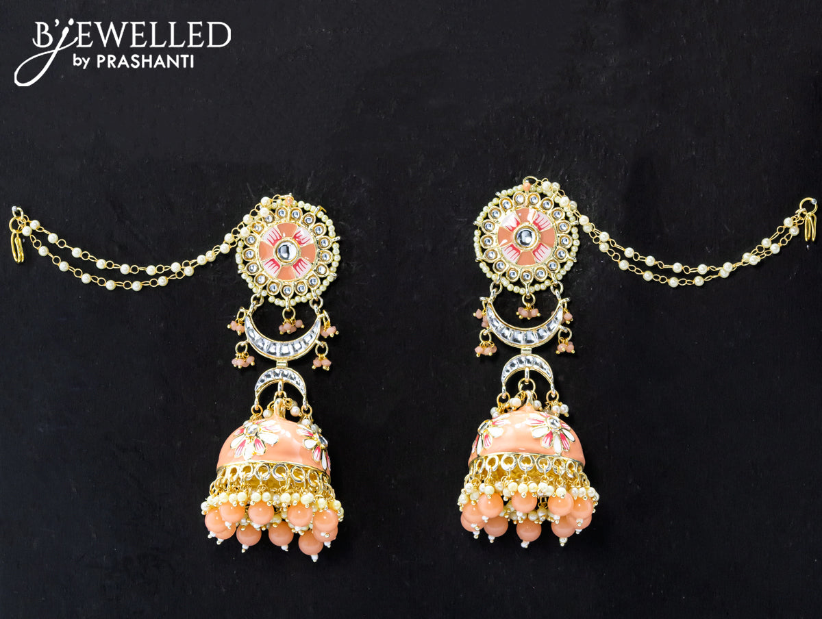 Dangler peach jhumka with hangings and pearl maatal