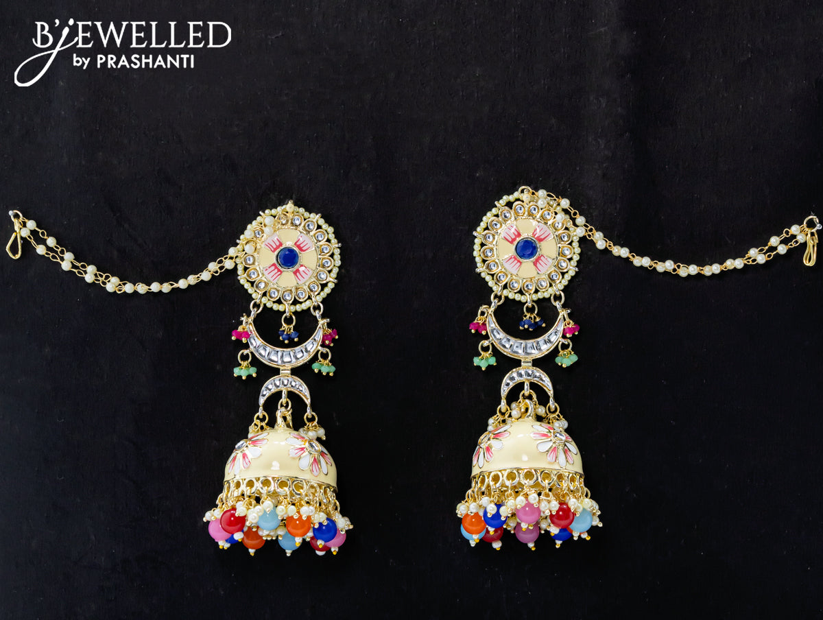 Dangler cream jhumka with multicolour beads hangings and pearl maatal