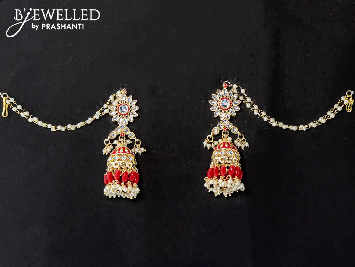 Dangler red jhumka with hangings and pearl maatal