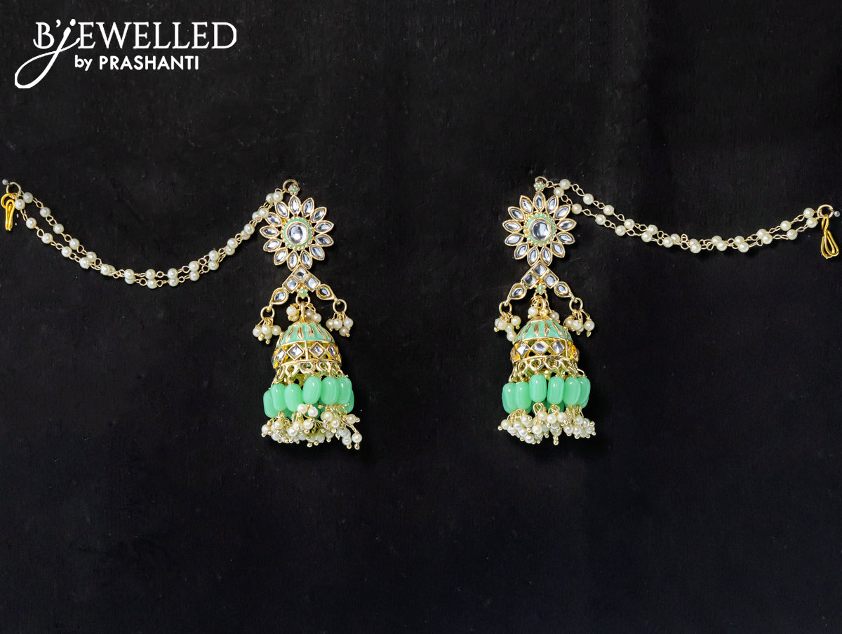 Dangler teal green jhumka with hangings and pearl maatal