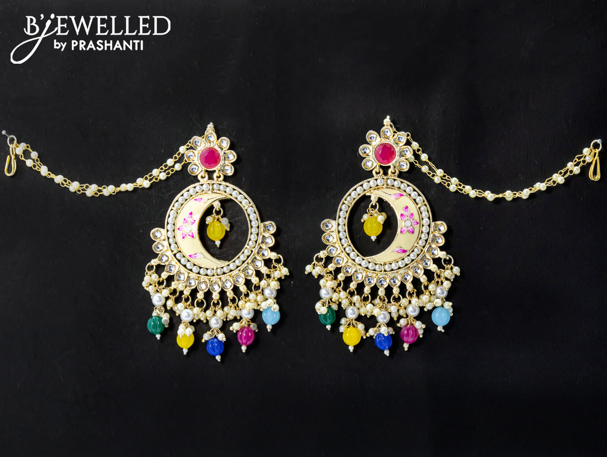 Dangler chandbali earrings cream with multicolour hangings and pearl maatal