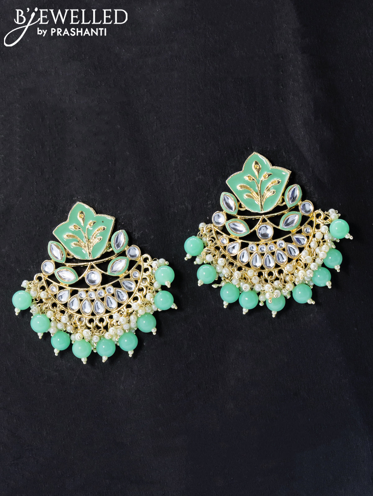 Dangler earrings teal green with hangings and pearl maatal