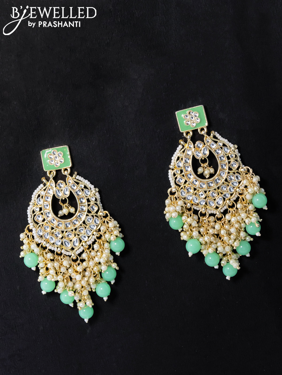 Dangler teal green earrings with hangings and pearl maatal