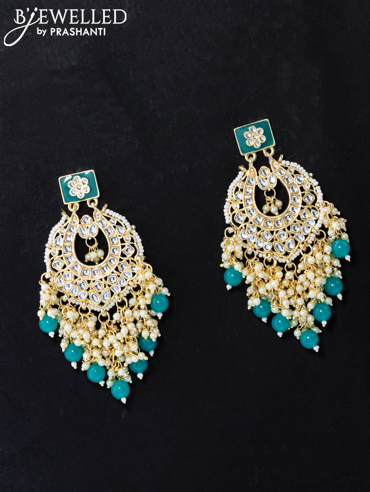 Dangler teal blue earrings with hangings and pearl maatal