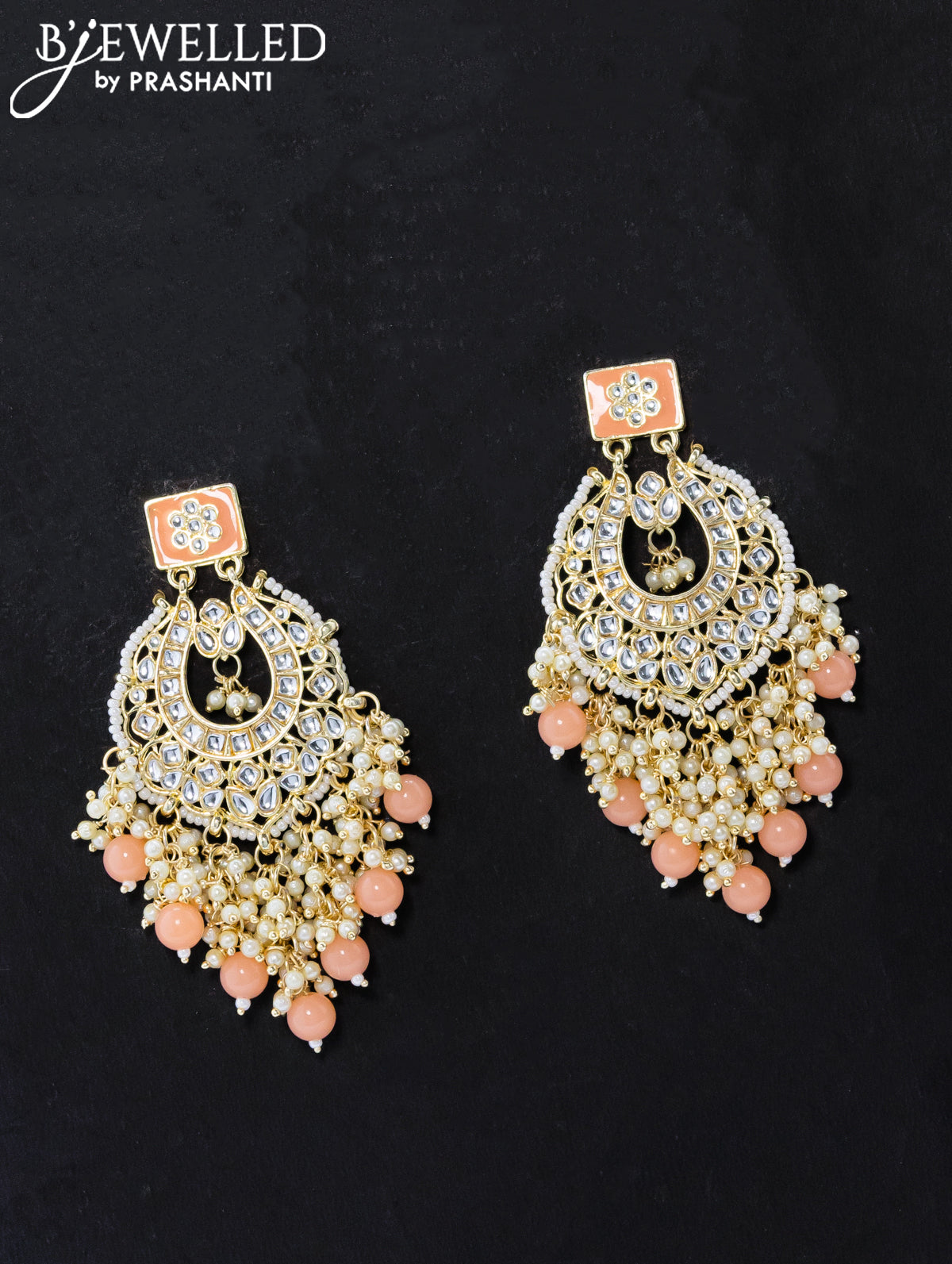 Dangler peach earrings with hangings and pearl maatal