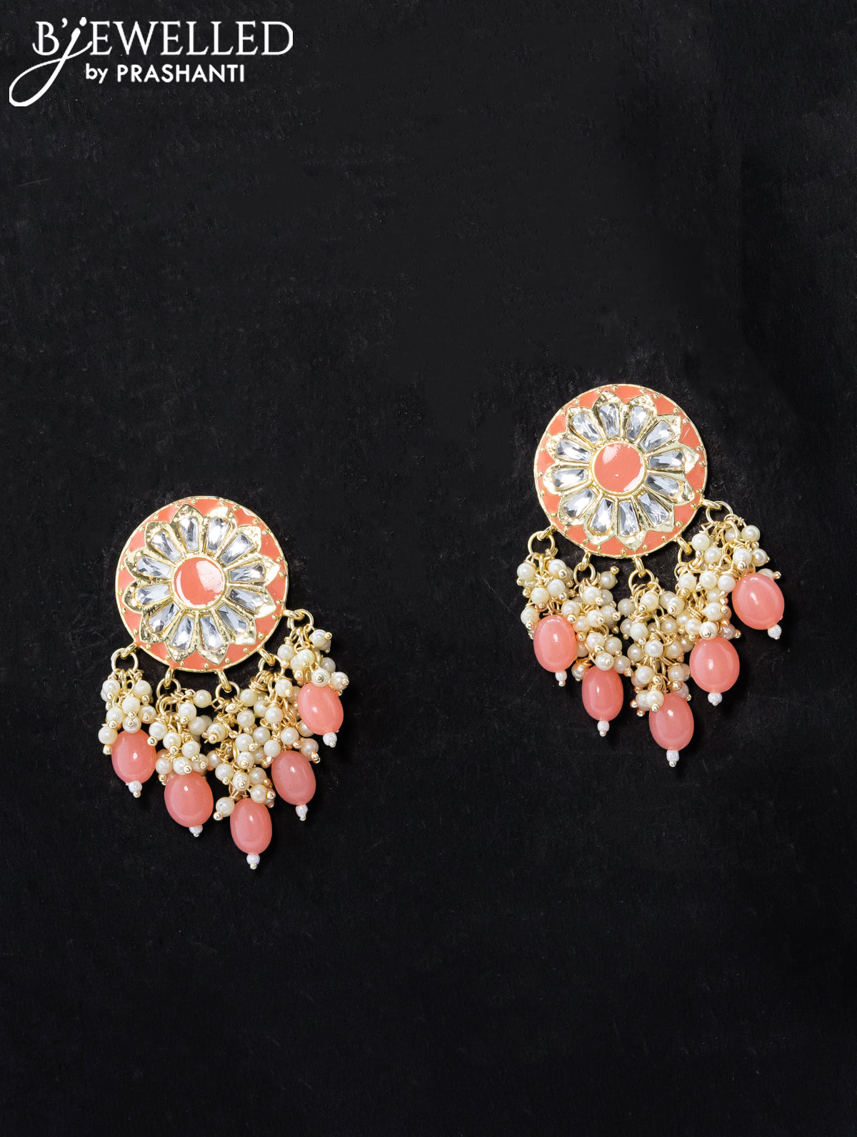 Dangler peach earrings with hangings and pearl maatal