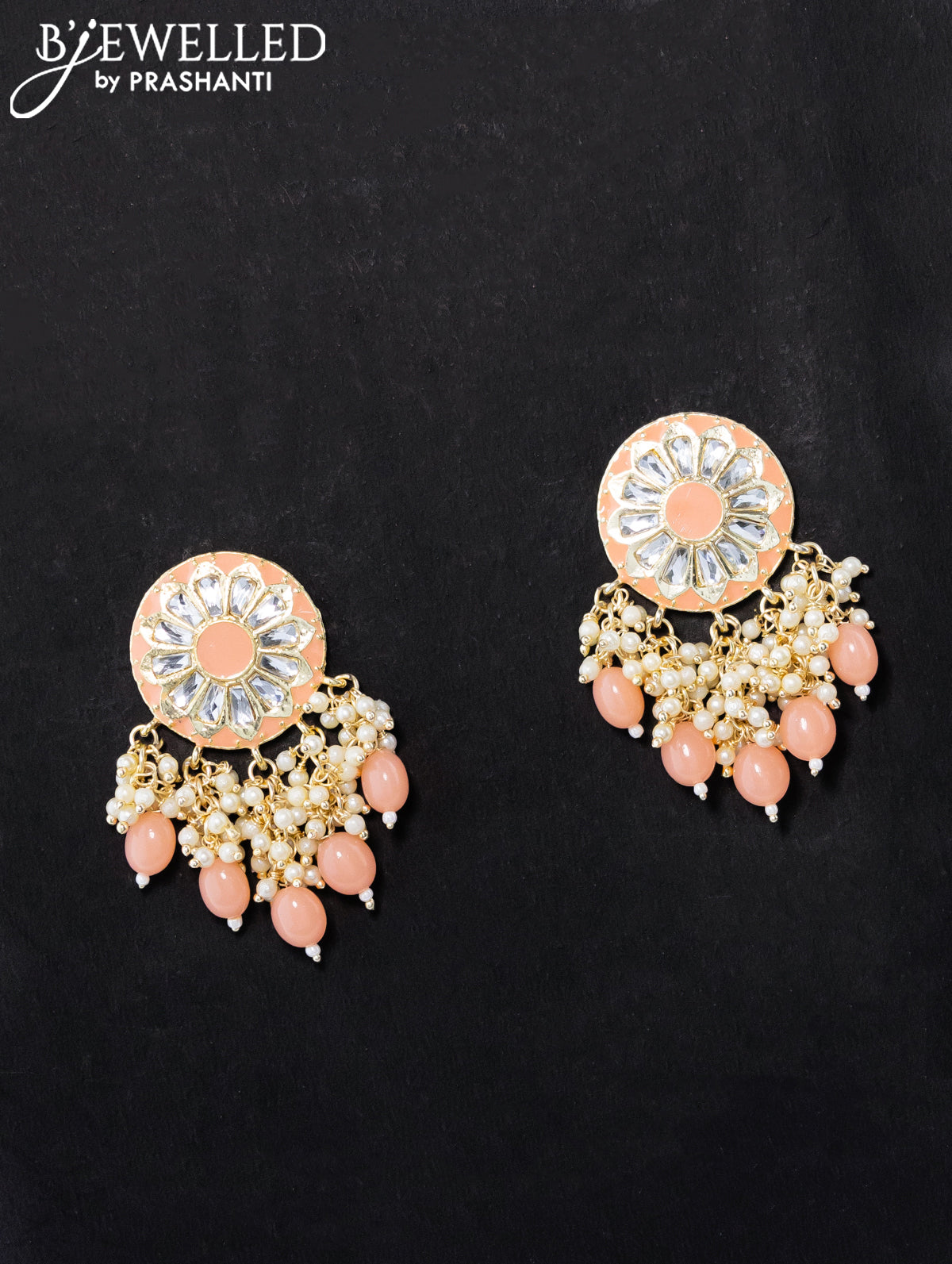 Dangler peach earrings with hangings and pearl maatal