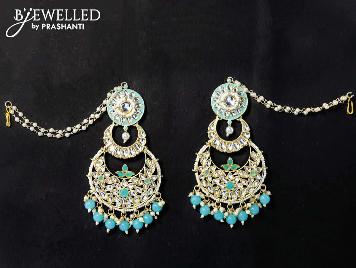 Dangler chandbali earrings light blue with hangings and pearl maatal