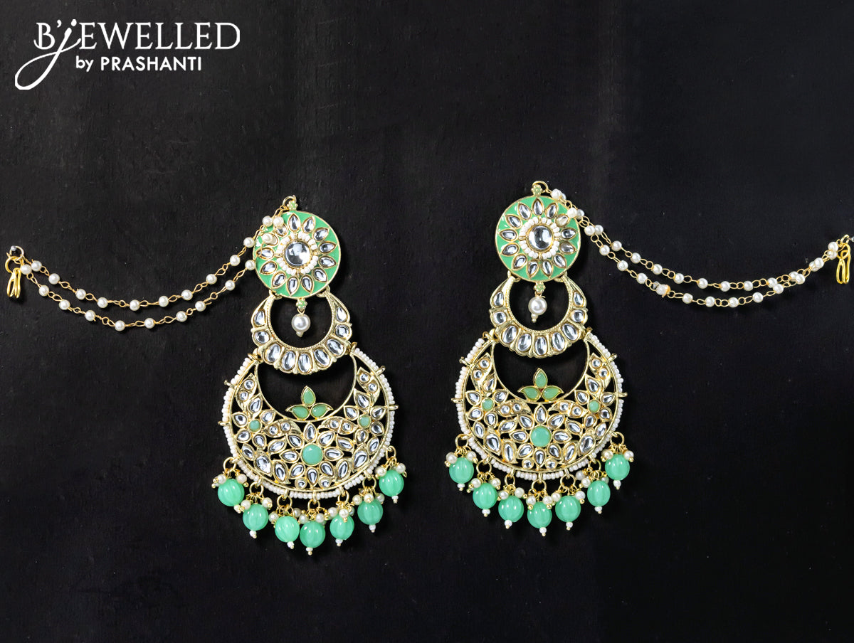 Dangler chandbali earrings teal green with hangings and pearl maatal