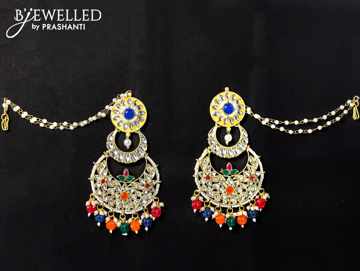 Dangler chandbali earrings multicolour with hangings and pearl maatal