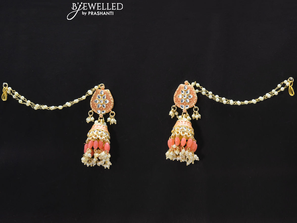 Dangler peach jhumka with hangings and pearl maatal