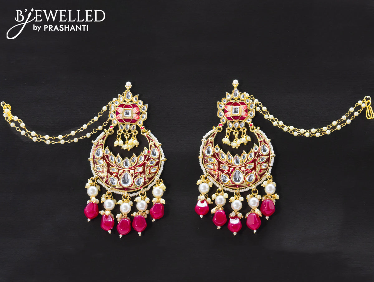 Dangler chandbali earrings dark pink with hangings and pearl maatal