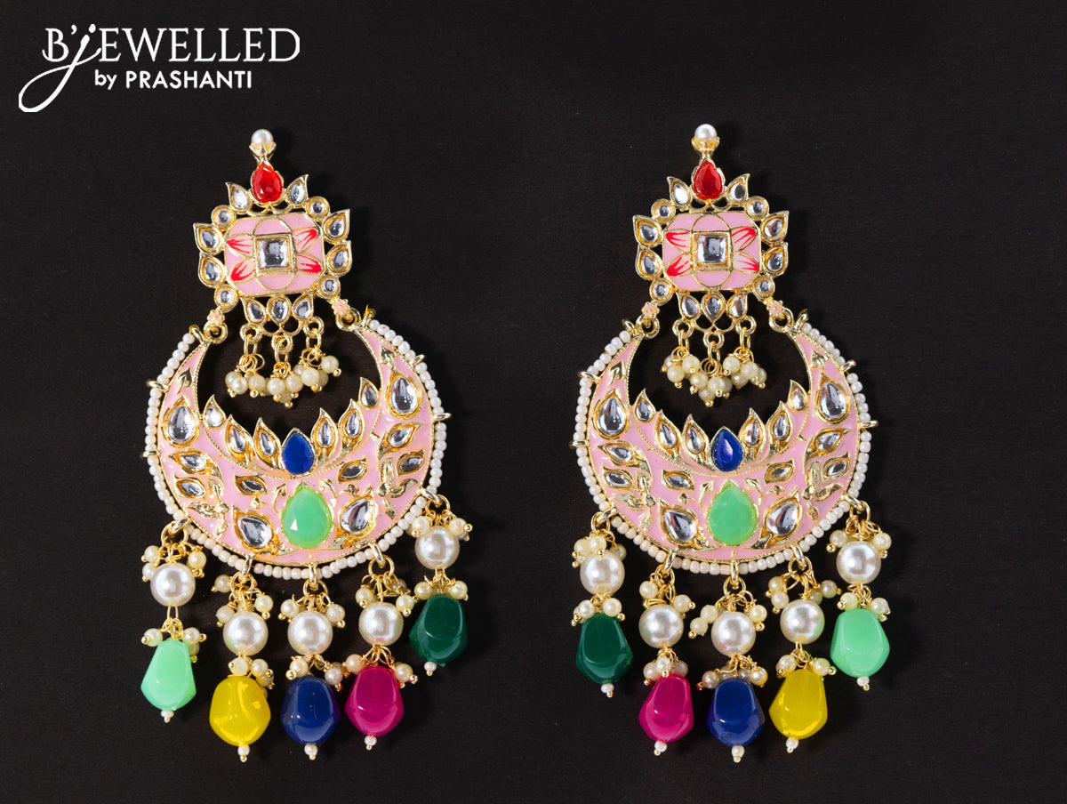 Dangler chandbali earrings baby pink with multicolour beads hangings and pearl maatal