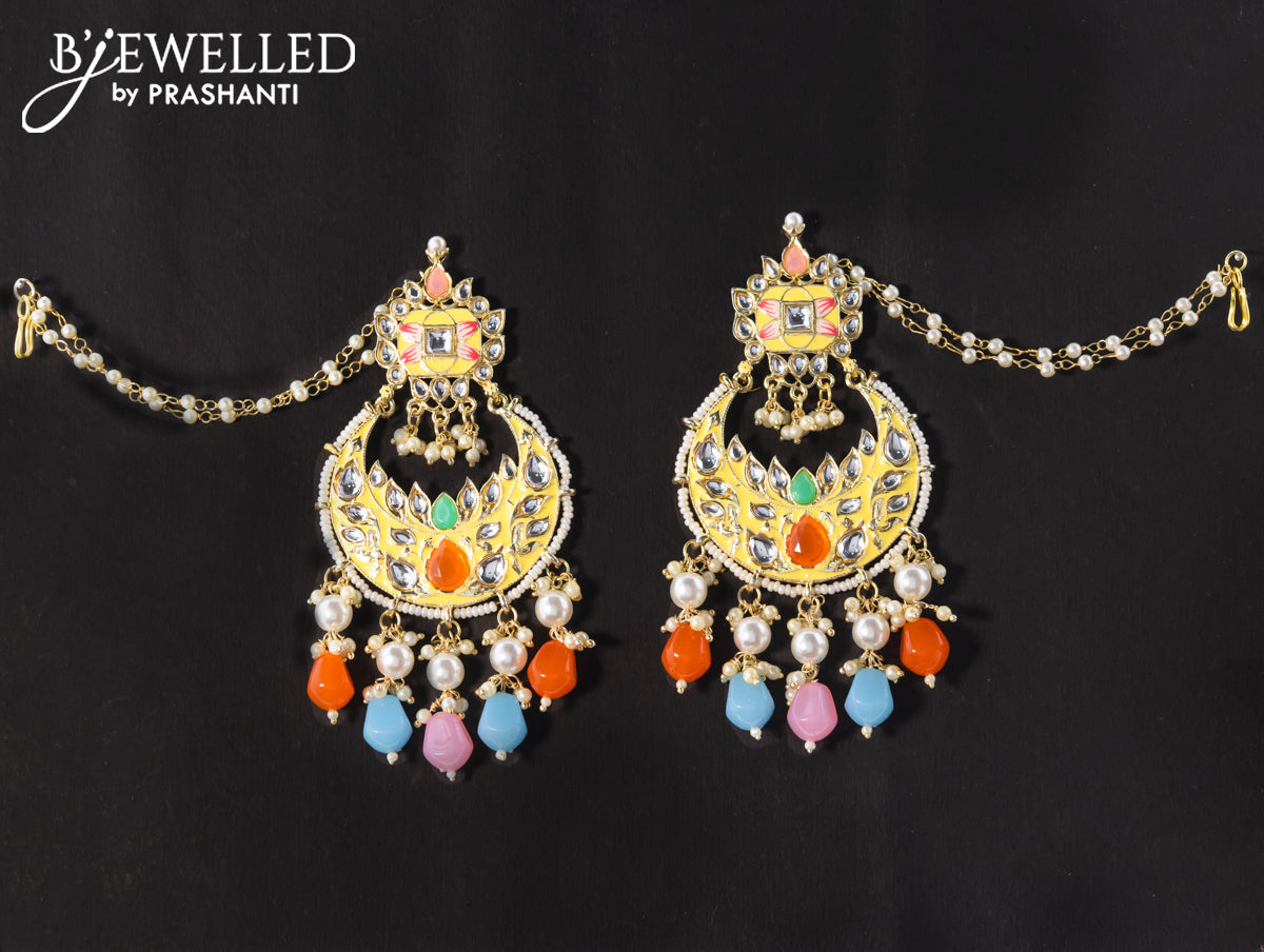 Dangler chandbali earrings cream with multicolour beads hangings and pearl maatal